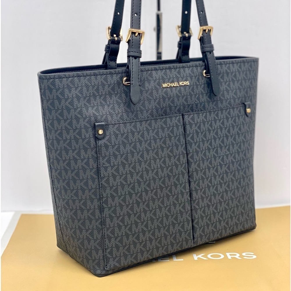 Michael Kors Jet Set Medium Double Pocket Tote Shoulder Bag Black